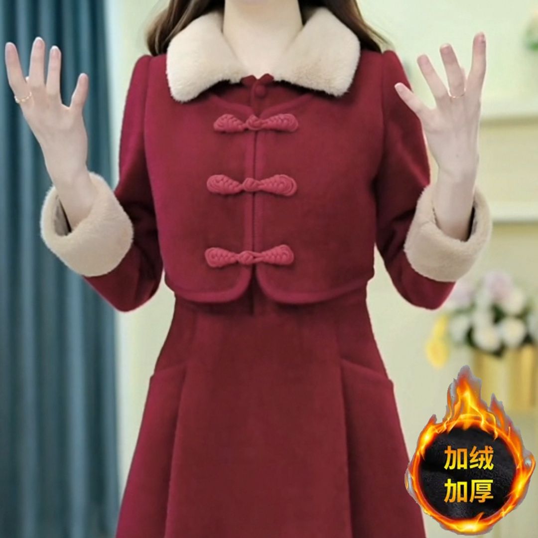 北極絨改良旗袍假兩件連衣裙女2023秋冬新款婚慶加絨加厚顯瘦裙子