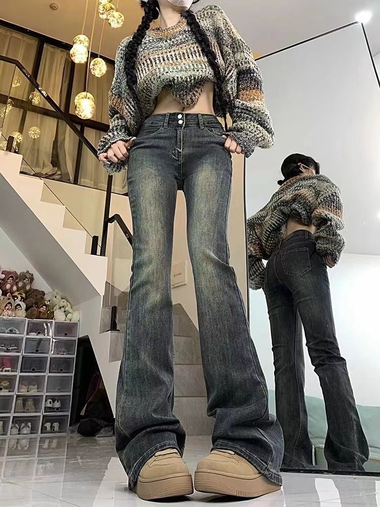 美式復古水泥灰微喇叭牛仔褲女秋冬小個子高腰修身彈力顯瘦馬蹄褲