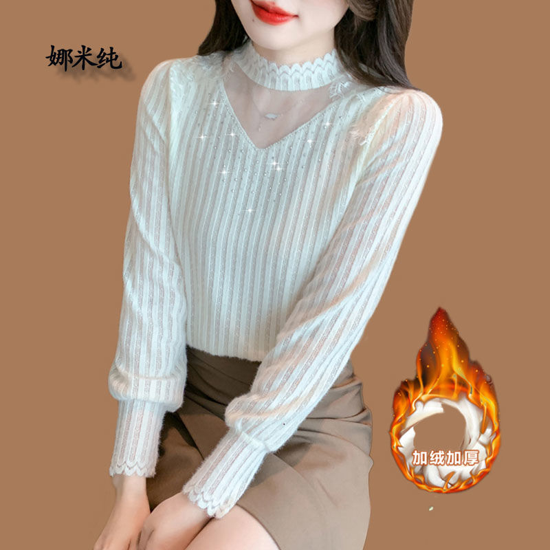 蕾絲加絨打底衫女長袖2023秋冬內搭高端網紗鏤空氣質小衫時尚上衣