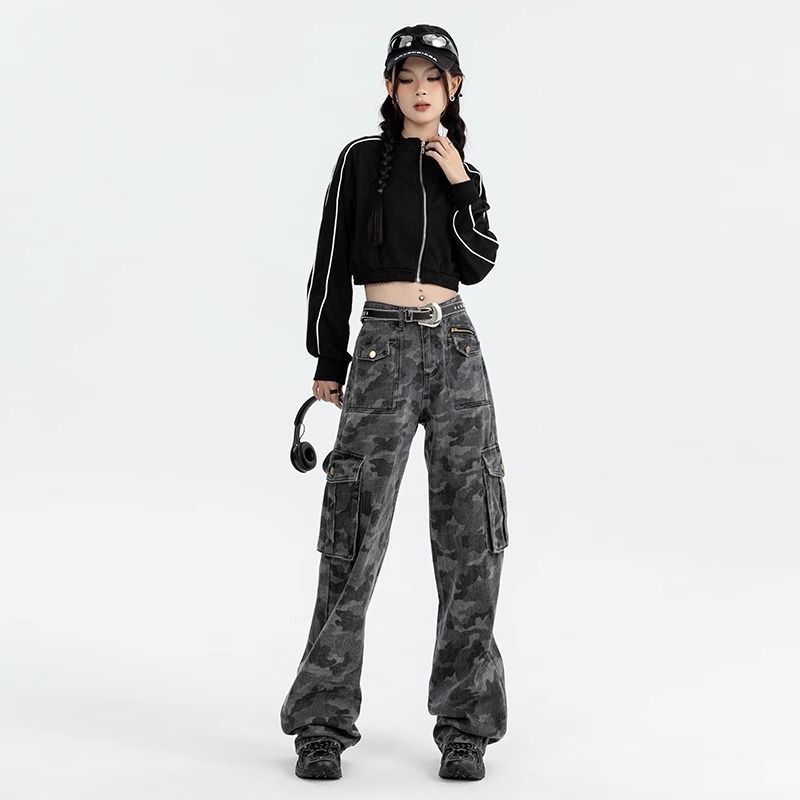 KRO美式迷彩工裝褲女2023新款機能風寬鬆辣妹多口袋高腰闊腿長褲