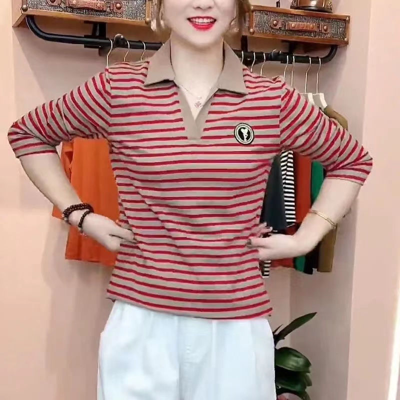 撿漏~尾單大牌翻領長袖t恤女春秋條紋polo衫休閒顯瘦時尚上衣
