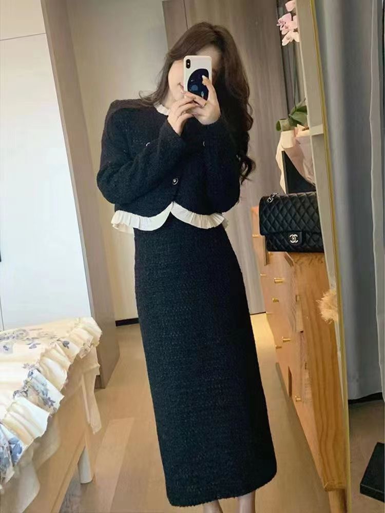 高級香風連衣裙子女裝2023新款爆款小個子秋冬季穿搭兩件套裝長裙