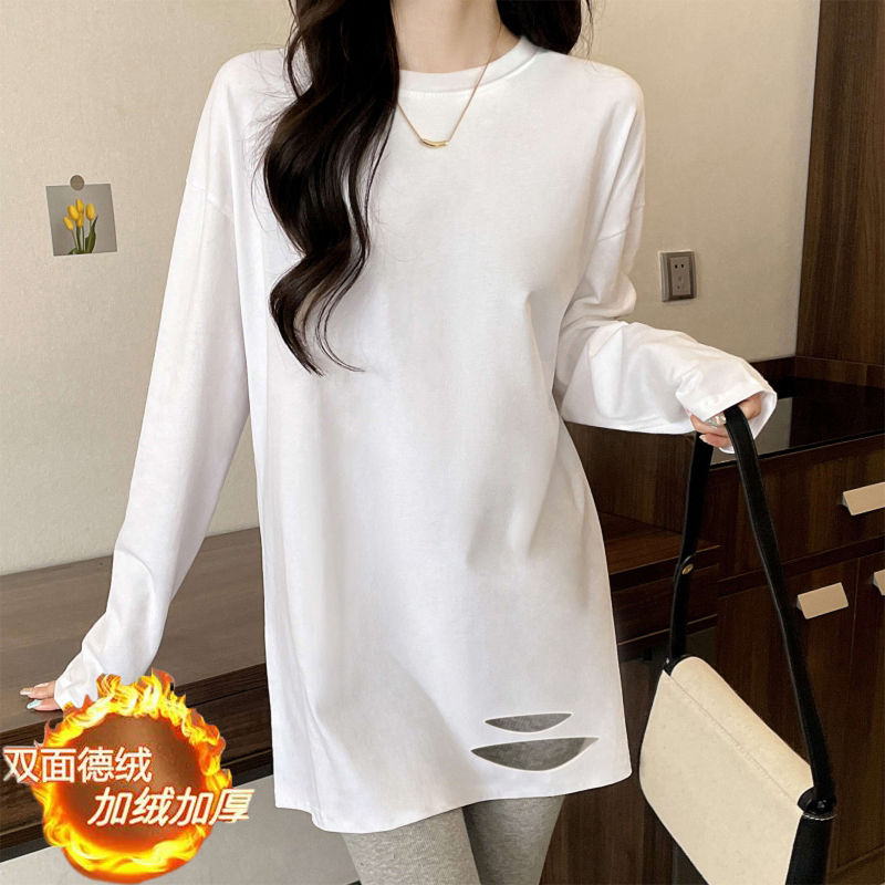 加厚雙面徳絨圓領白色破洞打底衫女加絨秋冬內搭純色寬鬆中長T恤