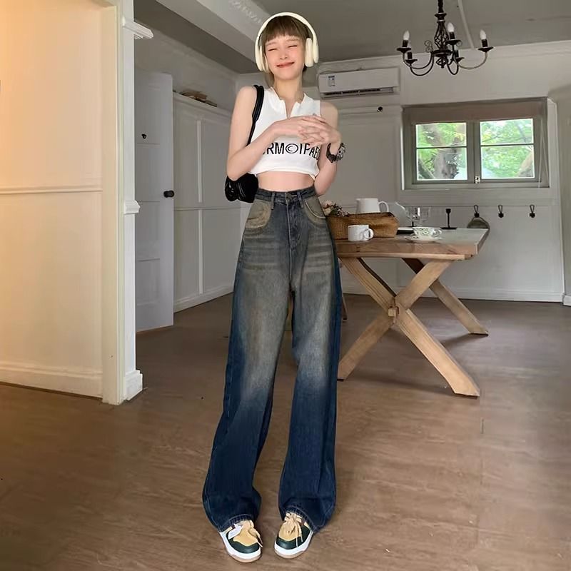 KRO美式復古高腰牛仔褲女2023新款寬鬆休閒闊腿褲時尚辣妹直筒褲