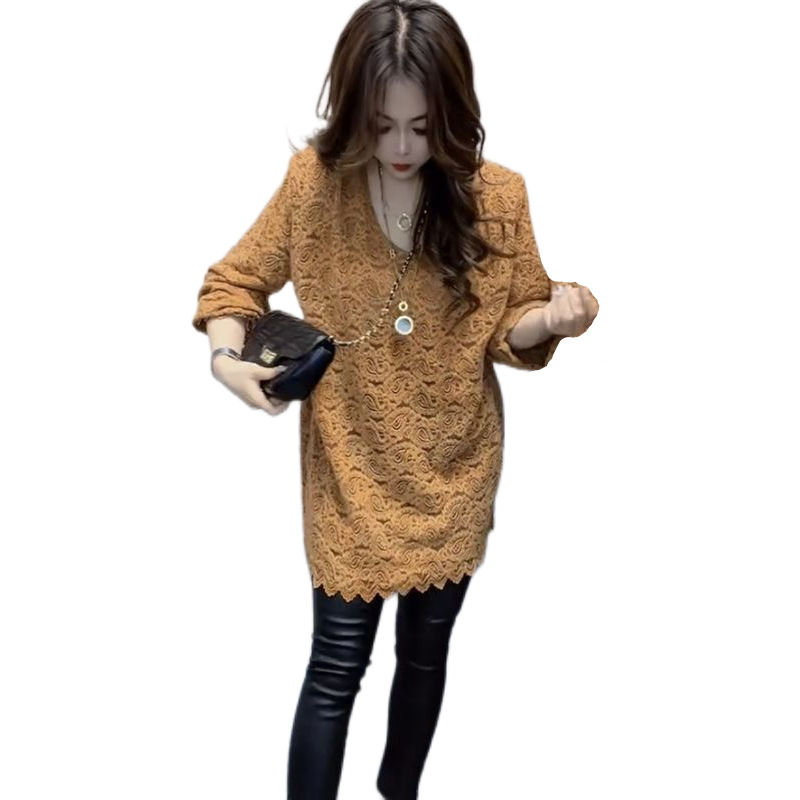 Solid color Internet celebrity winter new T-shirt mid-length western style lace European goods versatile V-neck retro loose top