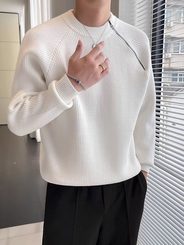 慵懶風時尚圓領斜拉鏈純色輕熟高級感潮牌男士冬季針織衫套頭毛衣