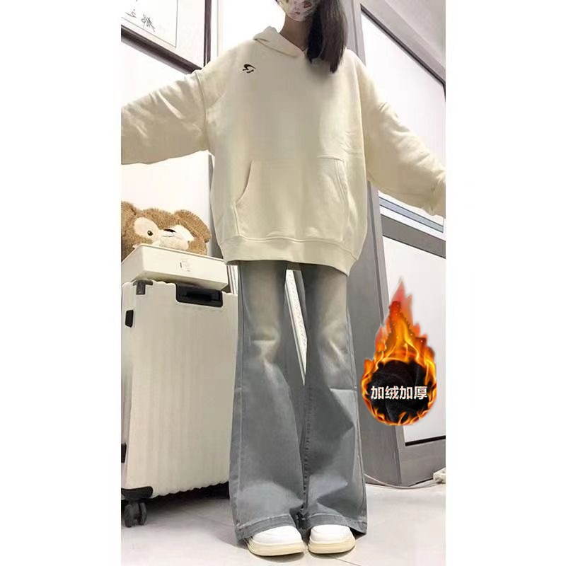 加絨加厚牛仔褲女新款美式復古微喇感辣妹高腰顯瘦修身百搭彈力褲