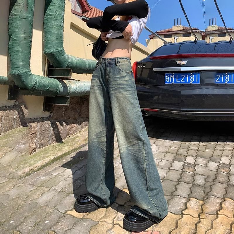 KRO做舊低腰闊腿牛仔褲女2023新款顯瘦復古設計美式直筒拖地長褲