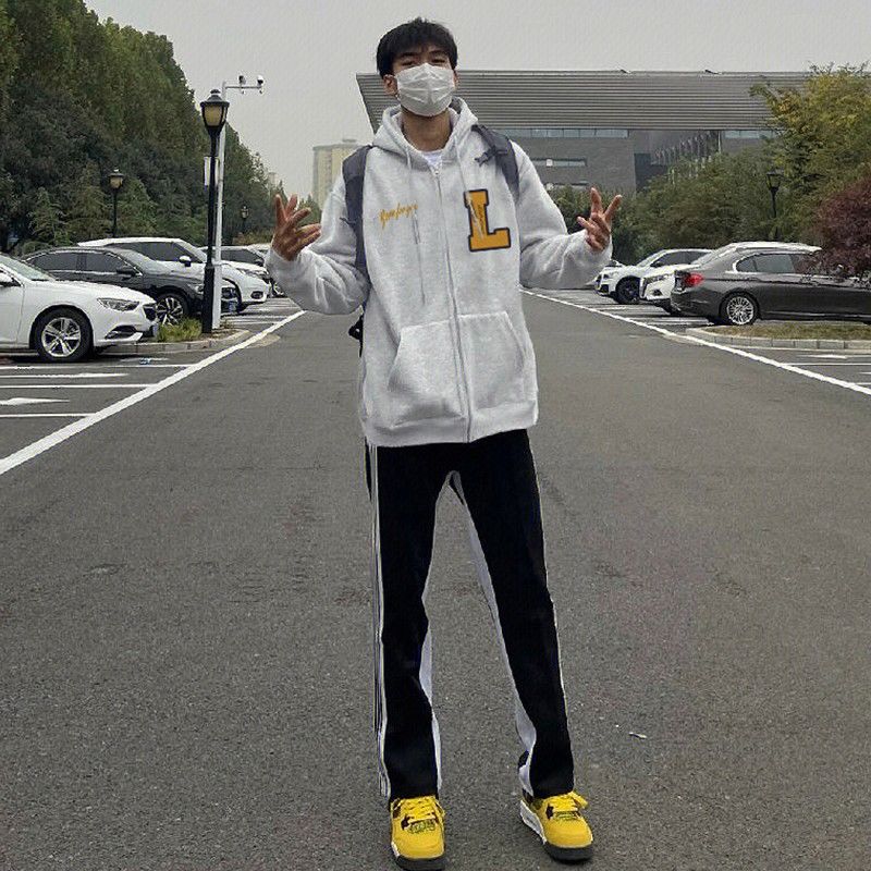 美式街頭數字印花開衫連帽衛衣男秋冬季小眾高街百搭寬鬆拉鏈外套