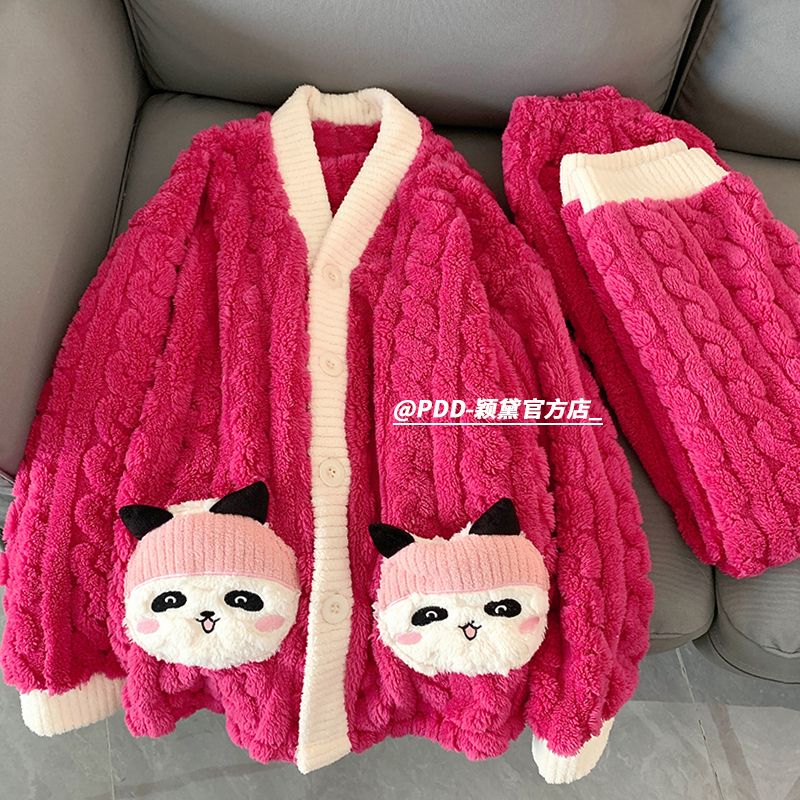 秋冬季珊瑚絨睡衣女2023新款加絨加厚法蘭絨卡通家居服套裝可外穿