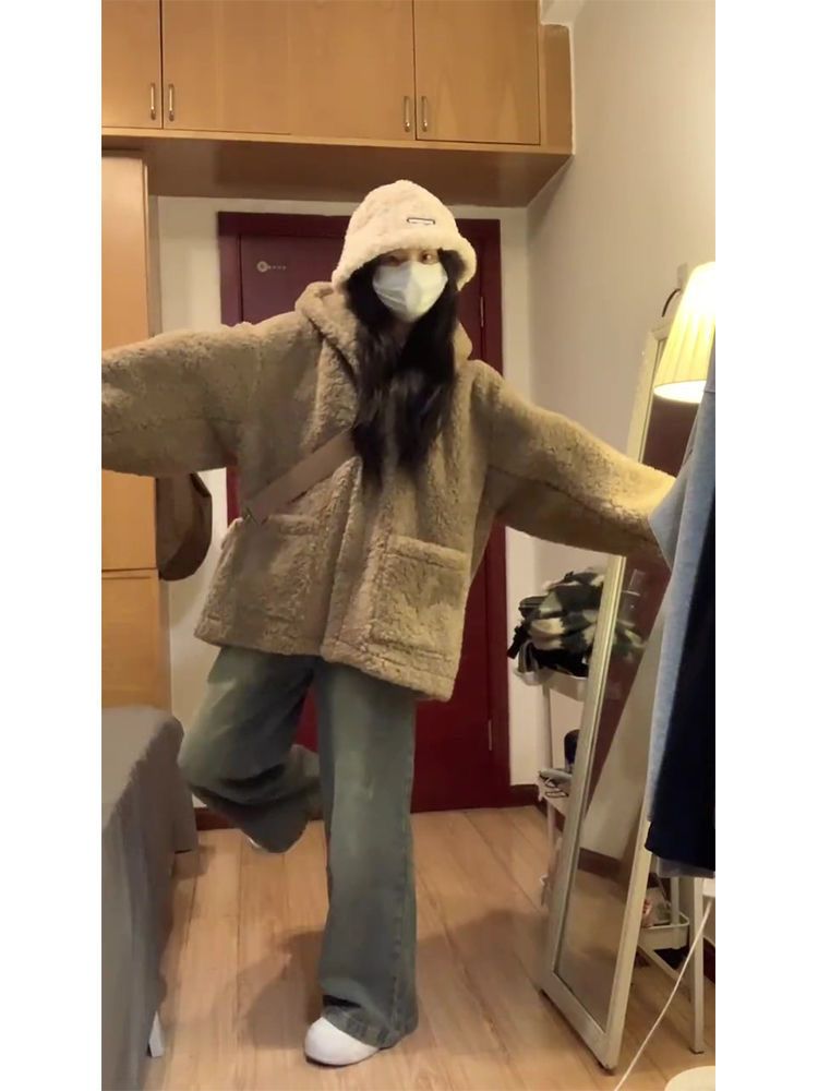 美拉德復古咖色羊羔毛連帽棉服女秋冬寬鬆oversize休閒百搭棉衣潮