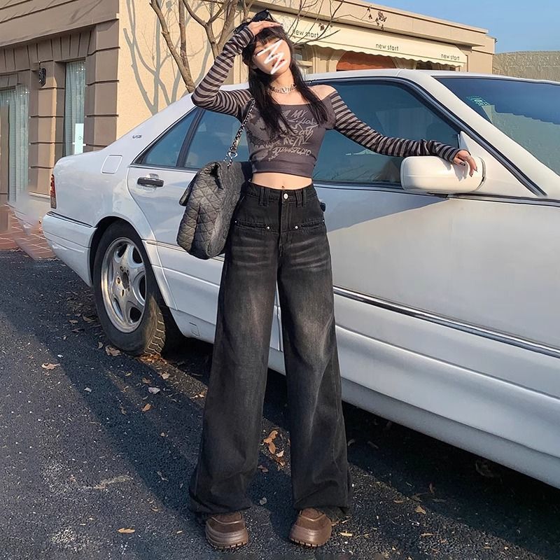 弄格美式灰色高腰直筒牛仔褲女2023秋季顯瘦百搭寬鬆拖地闊腿褲子