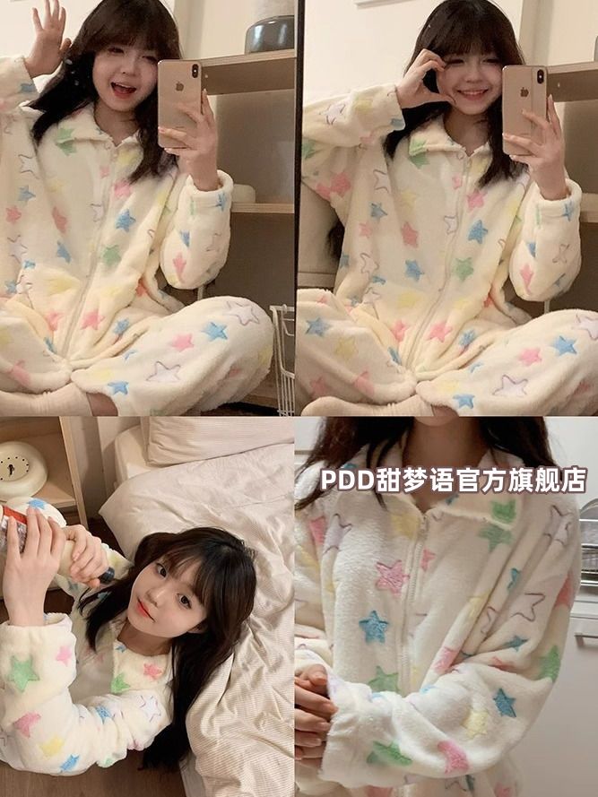 秋冬款睡衣女保暖加厚法蘭絨珊瑚絨韓系ins甜美宿舍風家居服套裝