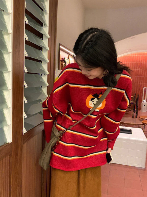 日系復古紅色條紋毛衣女秋冬新款休閒寬鬆百搭加厚長袖針織衫上衣