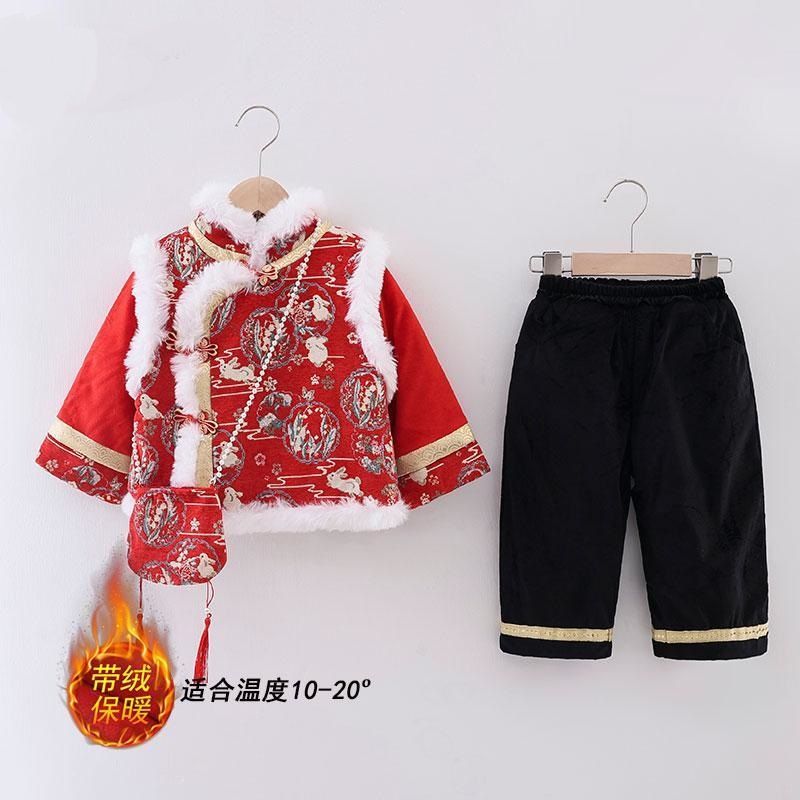 女寶寶加絨中國風套裝龍年兒童中式唐裝拜年服喜慶女童加厚過年服