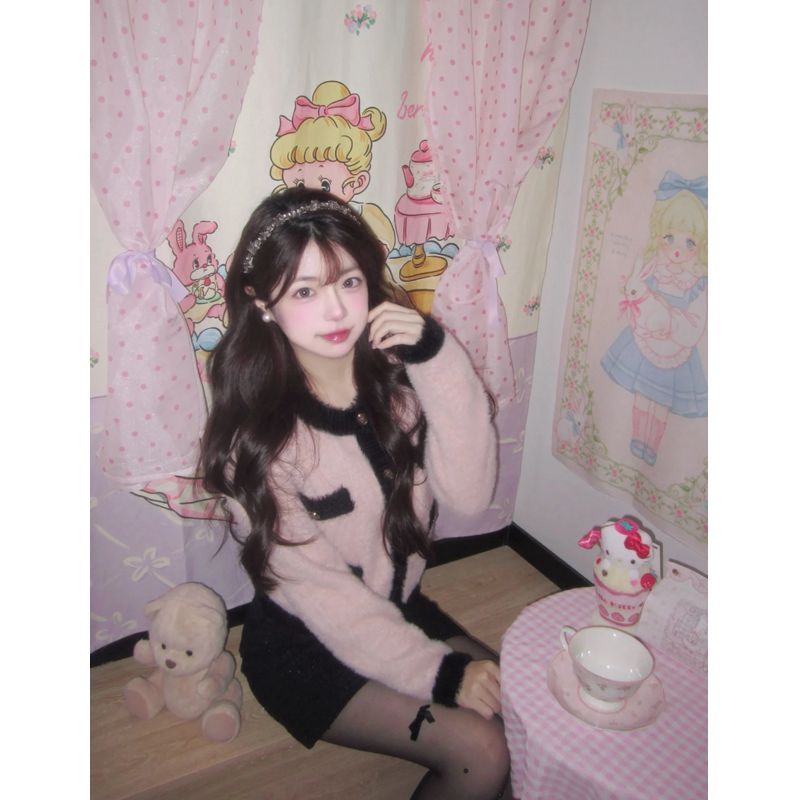 套裝女2023秋冬季新款甜辣短款圓領仿貂毛針織開衫上衣高腰半身裙