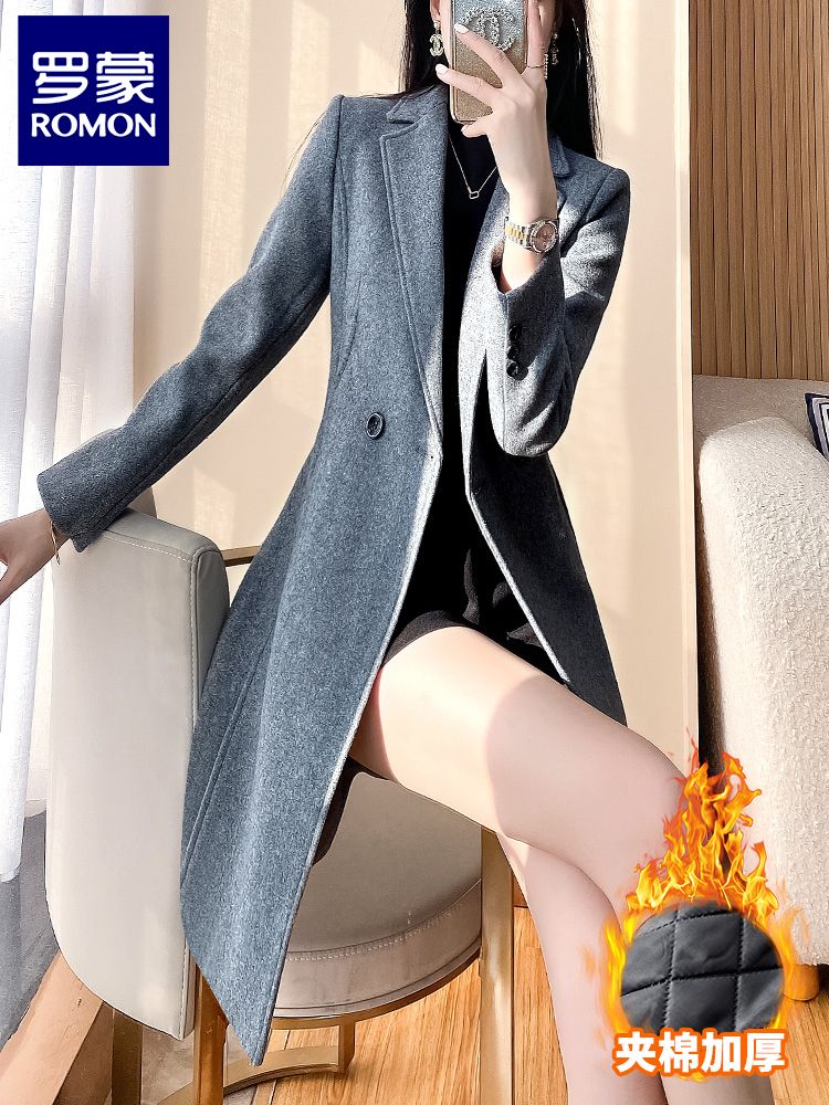 Romon woolen coat for women  new popular autumn and winter navy blue woolen coat with cotton warm long suit
