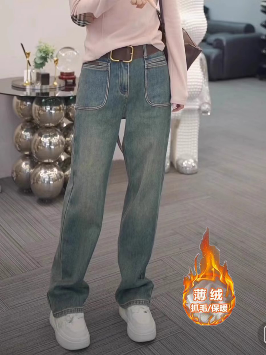 美式復古大口袋加絨直筒牛仔褲女2023秋冬新款高腰顯瘦窄版闊腿褲