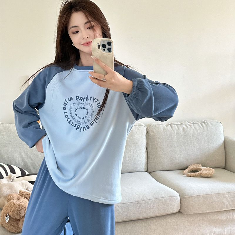可愛甜美韓系愛心撞色保暖德絨睡衣女春秋冬季長袖圓領加絨家居服