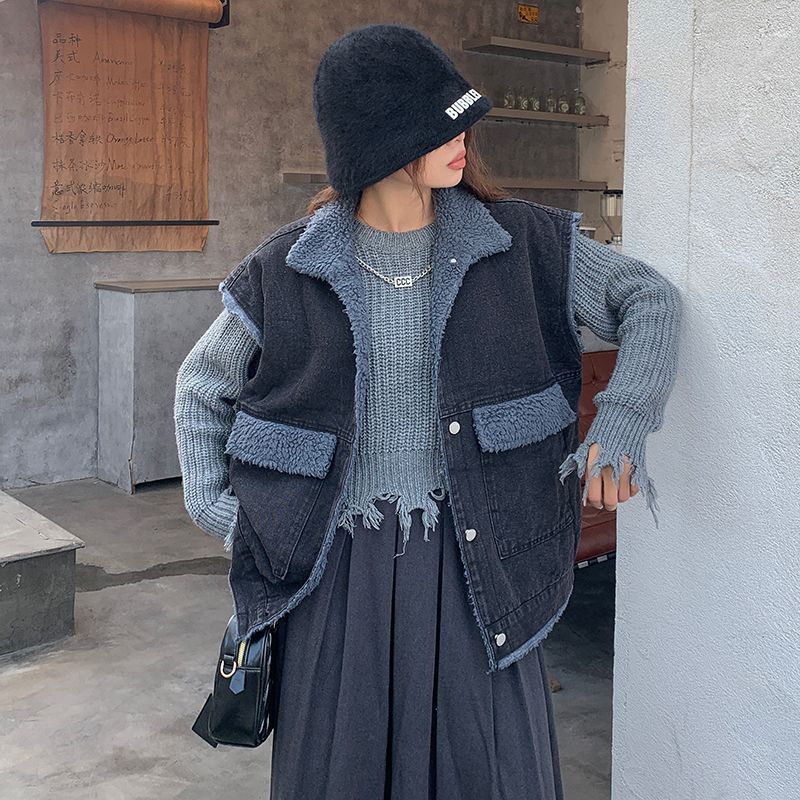 Lapel vest lamb wool denim jacket women's autumn and winter loose plus velvet thickened warm vest vest top
