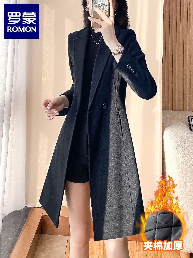 Romon woolen coat for women  new popular autumn and winter navy blue woolen coat with cotton warm long suit