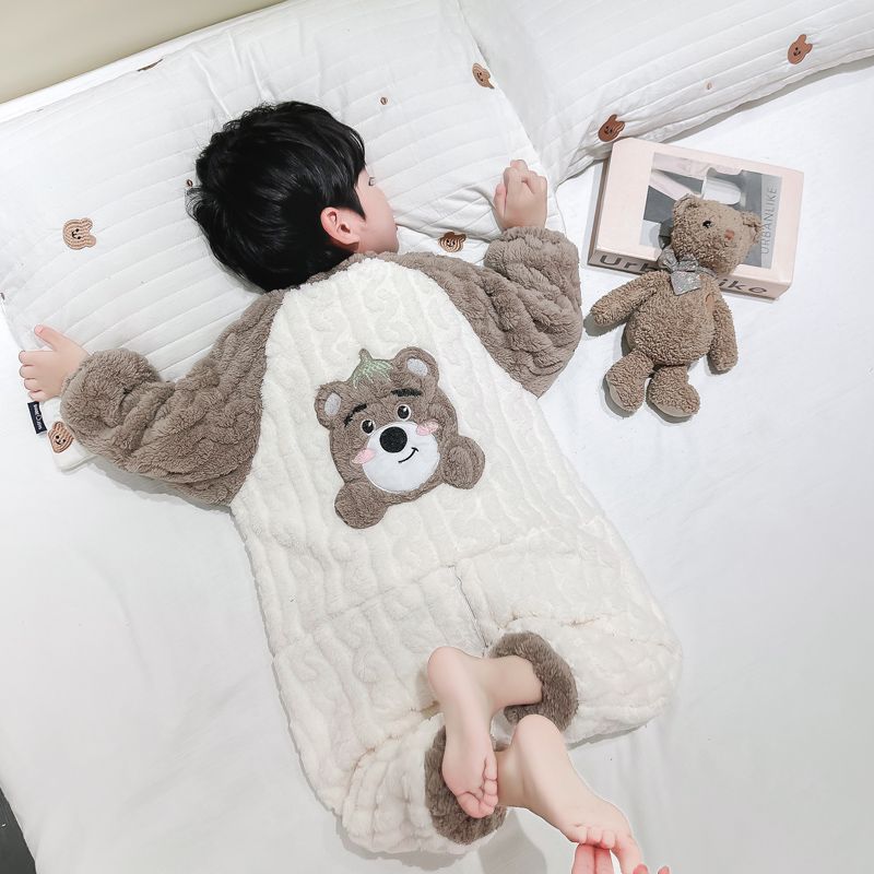 儿童连体睡衣秋冬季法兰绒加绒加厚婴儿宝宝睡袋男童珊瑚绒防着凉