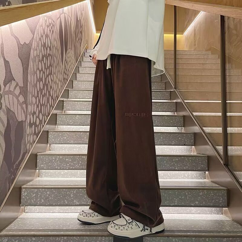 燈芯絨褲子男春秋美式復古垂感闊腿拖地褲潮牌寬鬆直筒休閒運動褲