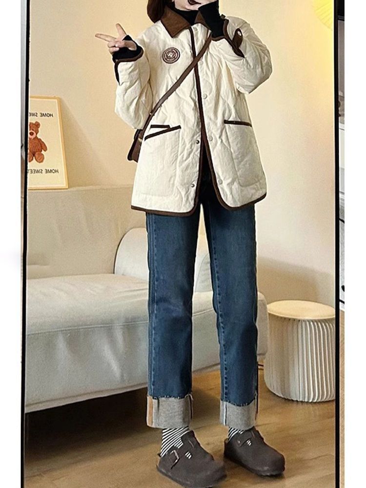 韓版百搭小個子直筒牛仔褲女秋冬新款高腰卷邊撞色修身九分煙管褲