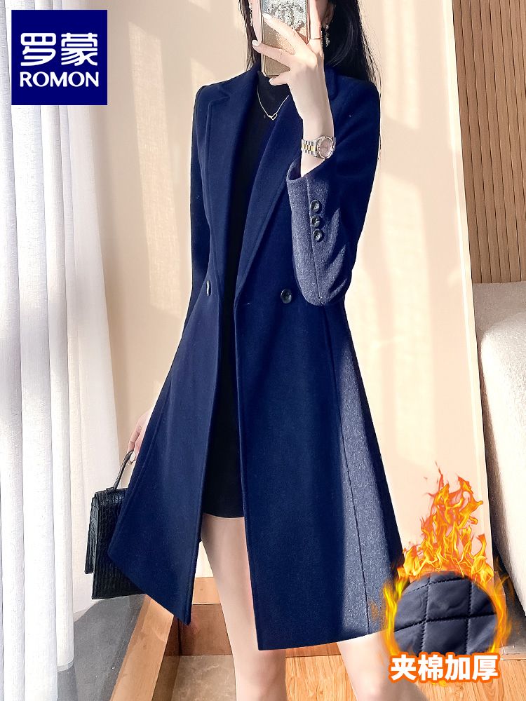 Luo Meng blazer women's navy blue thickened mid-length suit overalls high-end goddess style woolen coat