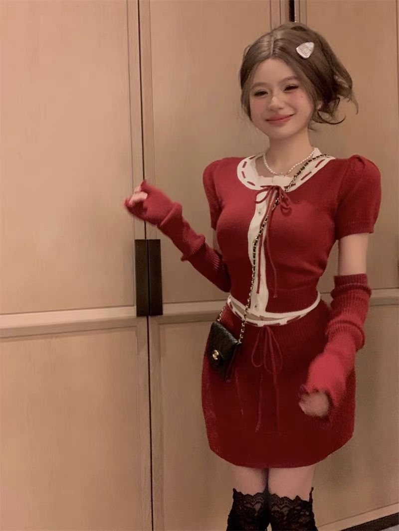 紅色短款針織衫毛衣聖誕節新年套裝女冬季高腰半身裙小個子兩件套