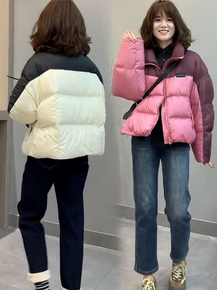 蓝海奕诺宽松拼色洋气羽绒服女2023冬季新款加厚小个子面包服外套