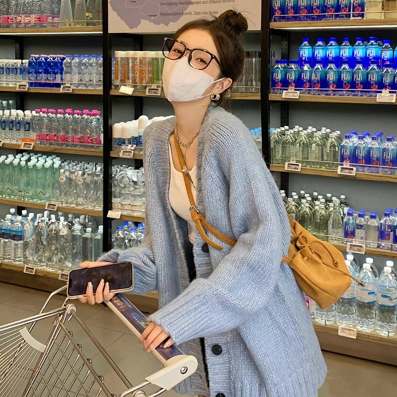 馬海毛中長款V領長袖針織開衫毛衣外套女初寬鬆慵懶風高級感上衣