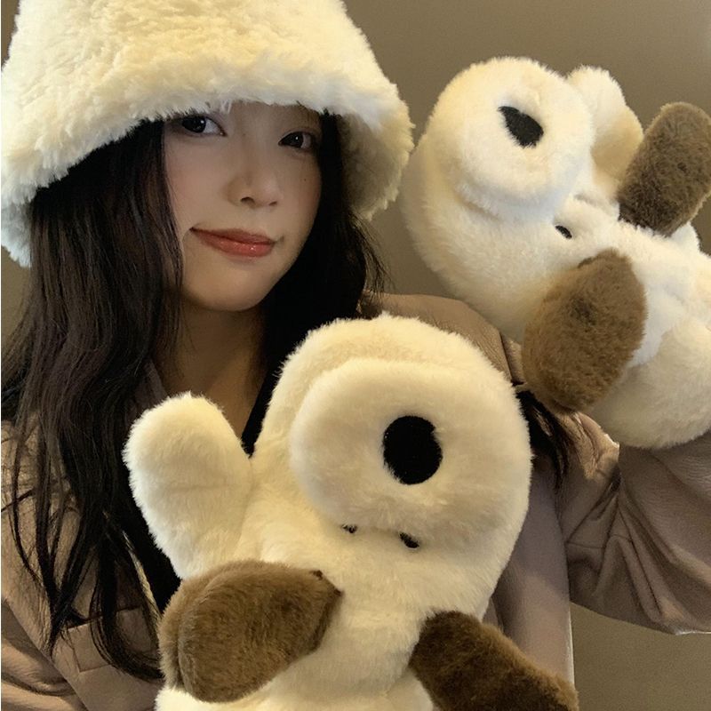 [Instant discount for new customers] Puppy plush gloves winter Korean style cute cold-proof plus velvet thickening to keep warm cycling students