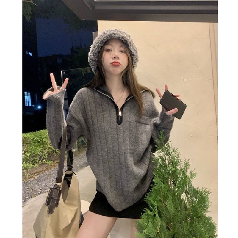 港味復古chic高領拉鏈毛衣外套女秋冬季設計感小眾外穿加厚慵懶風