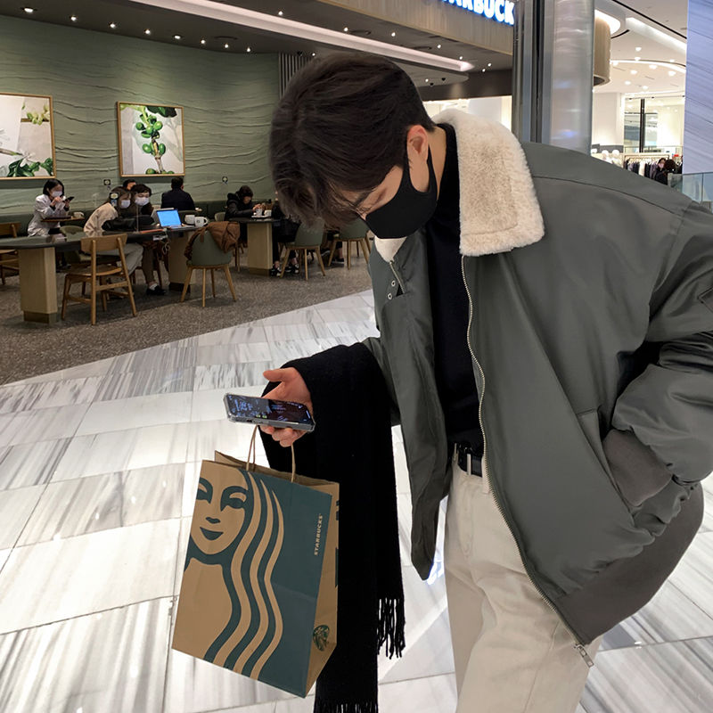 MRCYC Lamb Collar Jacket Cotton Jacket Men's Winter Korean Style Loose Jacket Plus Velvet Thickened Cotton Jacket Trendy