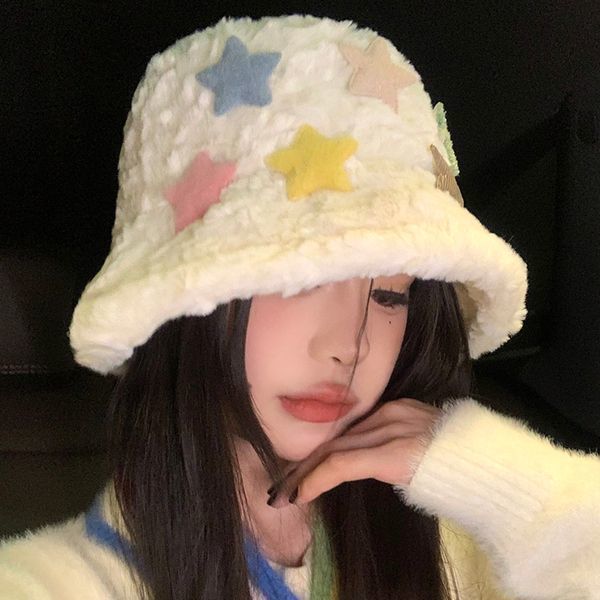 Soft and waxy colorful star plush fisherman hat autumn and winter women's versatile Japanese style face-showing small warm and cute basin hat trendy