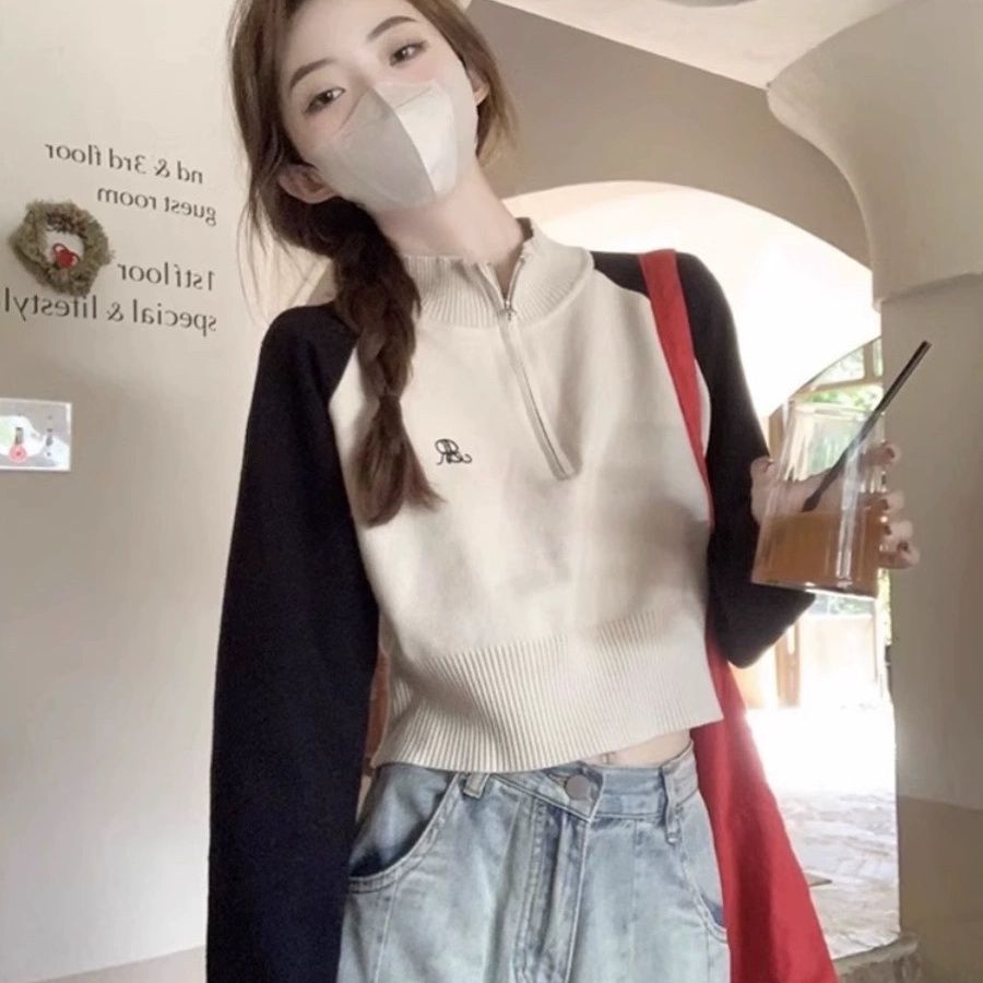 美式辣妹撞色學院風針織2023秋季新款韓系設計感小眾別致百搭上衣