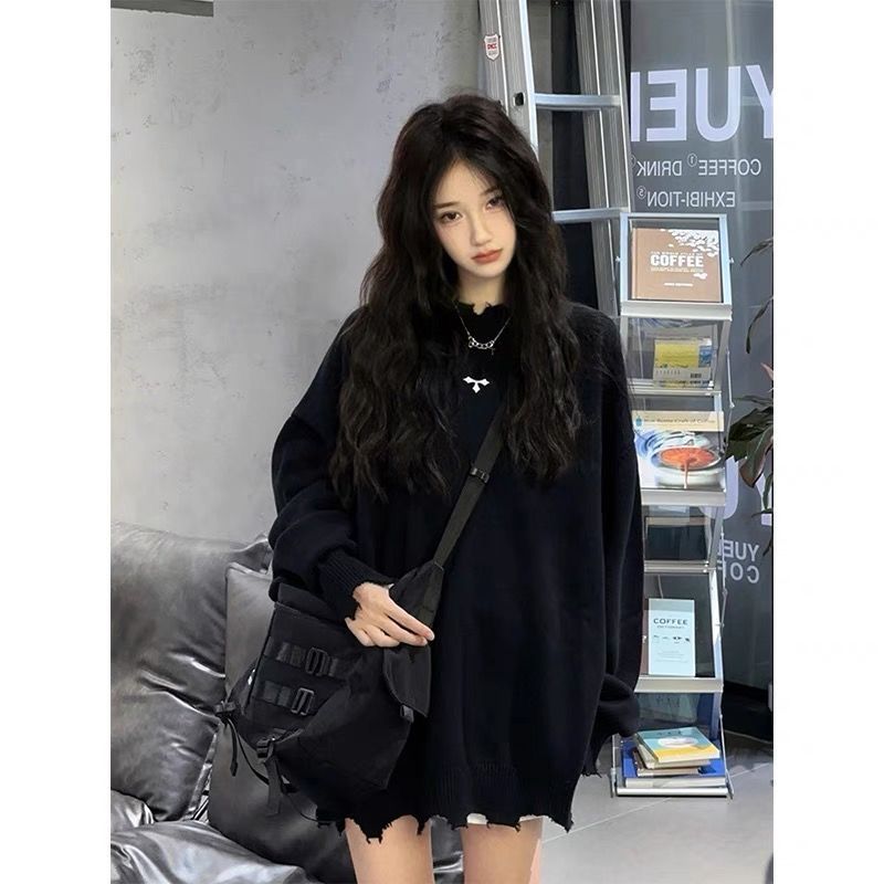 MINETTE美式復古毛衣女秋冬新款街頭黑色寬鬆顯瘦針織衫破洞上衣