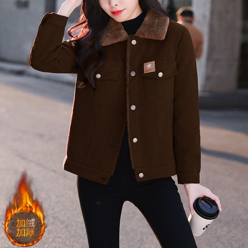 加绒加厚短款外套女韩版2023秋冬季新款时尚洋气百搭翻领保暖外套