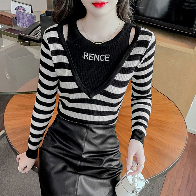 New autumn style fashionable striped design niche tops women's slim fake two-piece long-sleeved knitted bottoming shirt