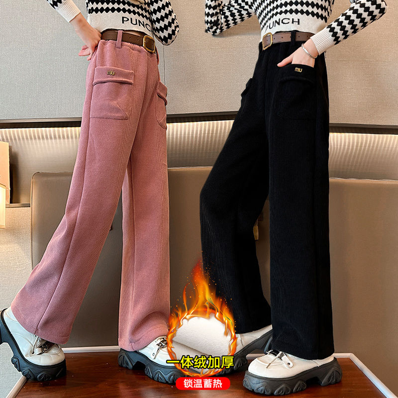 女童褲子冬季加絨寬鬆直筒休閒2023兒童保暖大童加厚闊腿長褲外穿