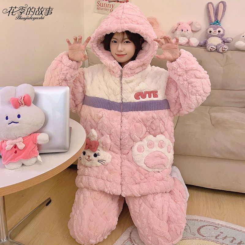 花季的故事新款睡衣女三層夾棉冬季特厚棉襖卡通瑪麗貓家居服套裝