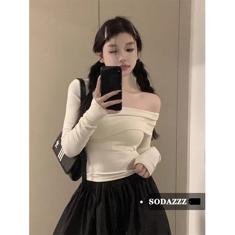 SODAZZZ秋冬新款韓系辣妹風不規則修身顯瘦百搭露肩長袖打底T恤女