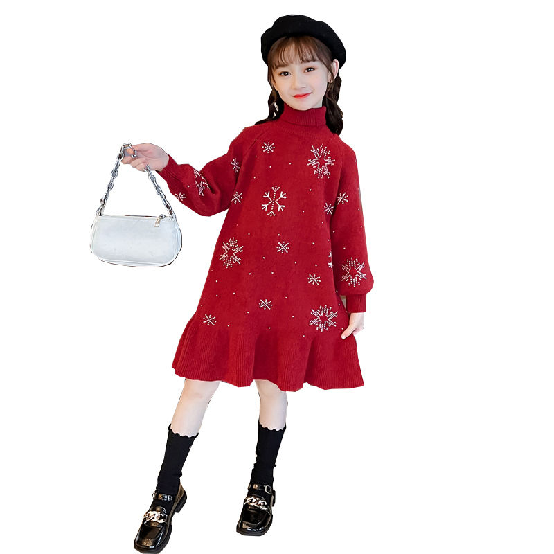 女童红色连衣裙秋冬儿童高领加厚针织裙子洋气女孩冬装打底毛衣裙