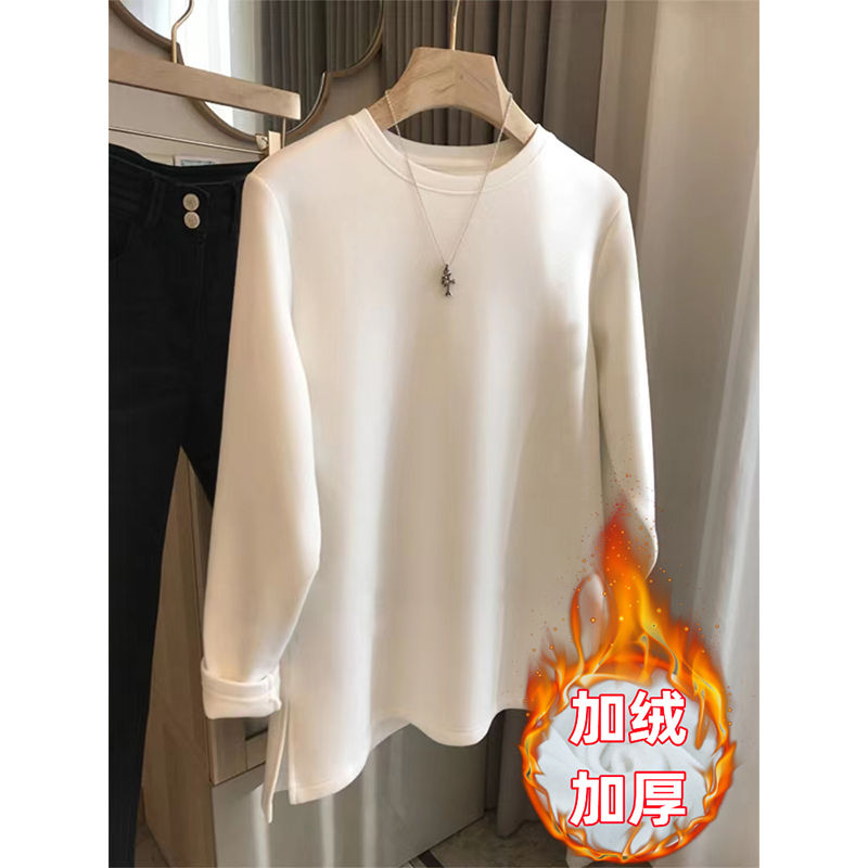 2023白色德絨中長款寬鬆長袖T恤女秋冬季開叉設計內搭打底衫上衣