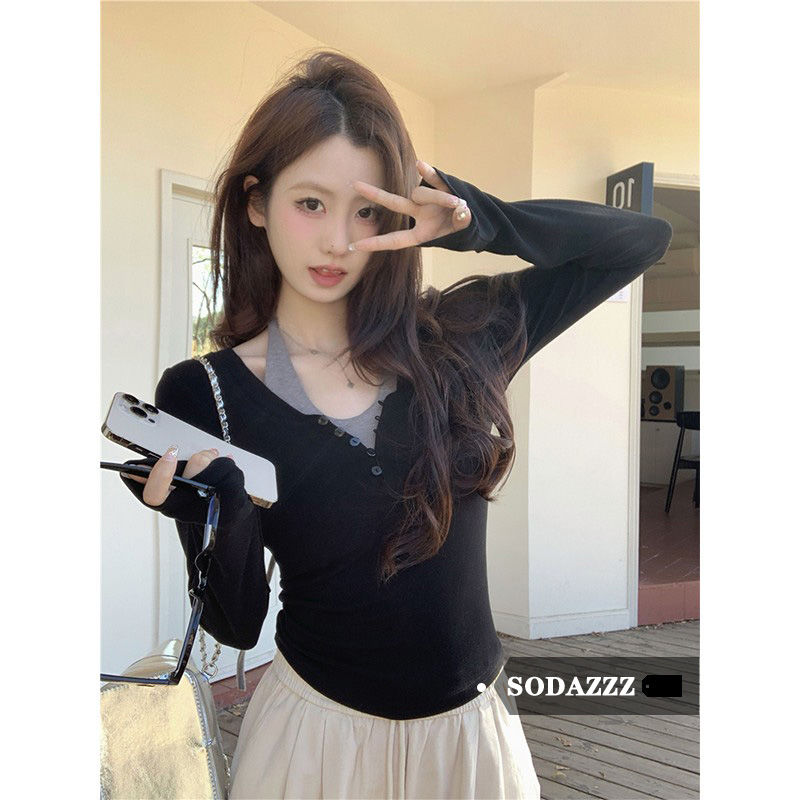 SODAZZZ秋冬季新款韓版修身顯瘦假兩件設計感內搭長袖女上衣T恤女