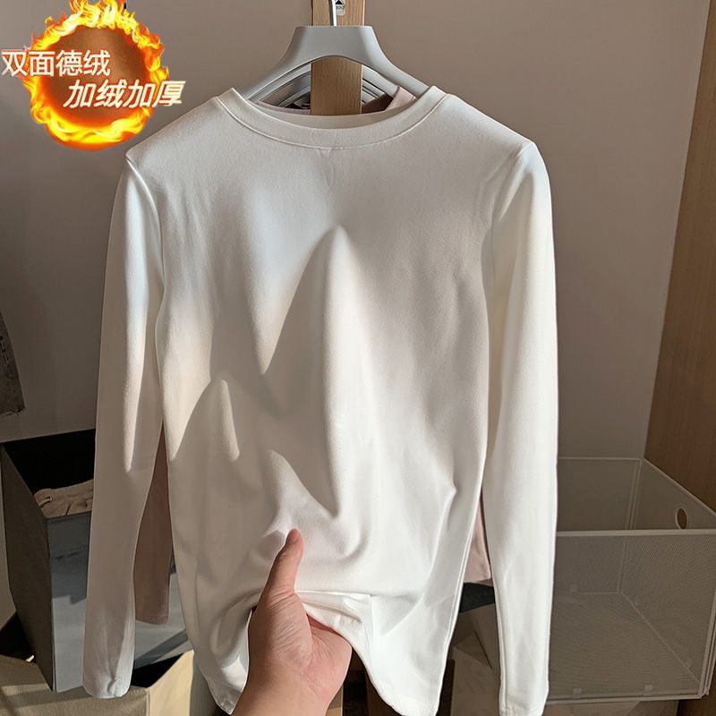 德絨保暖打底衫女秋冬內搭加絨加厚純色T恤寬鬆百搭圓領磨毛上衣