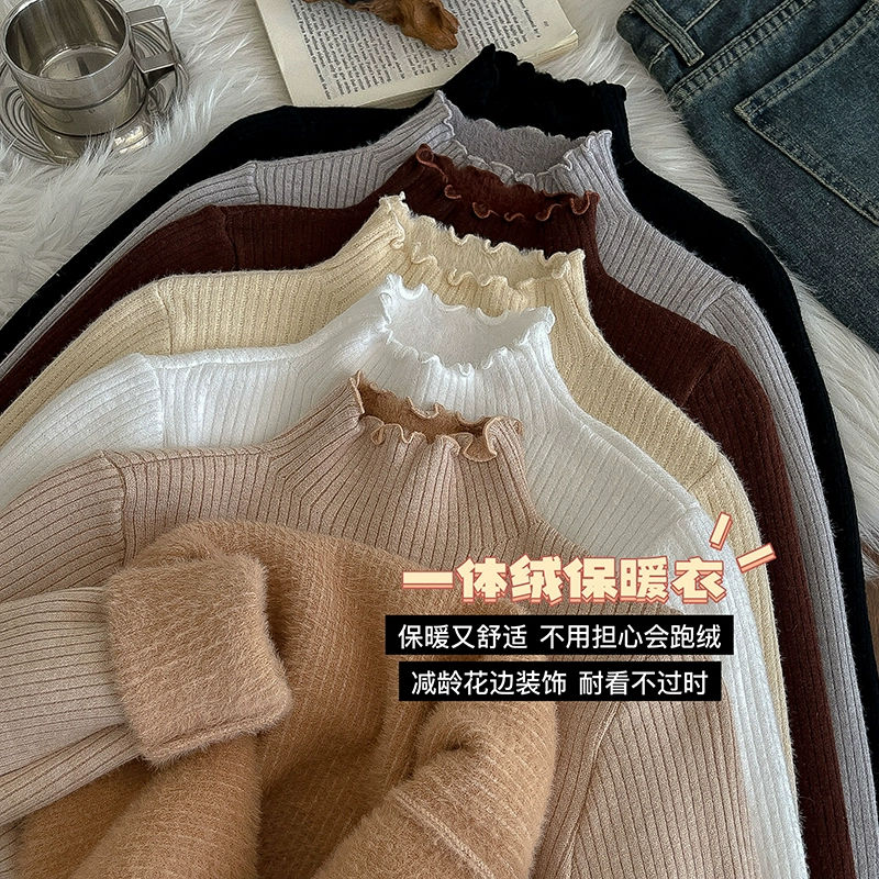 韓版半高領修身針織衫2023年冬季新款女裝內搭加絨加厚內搭上衣潮