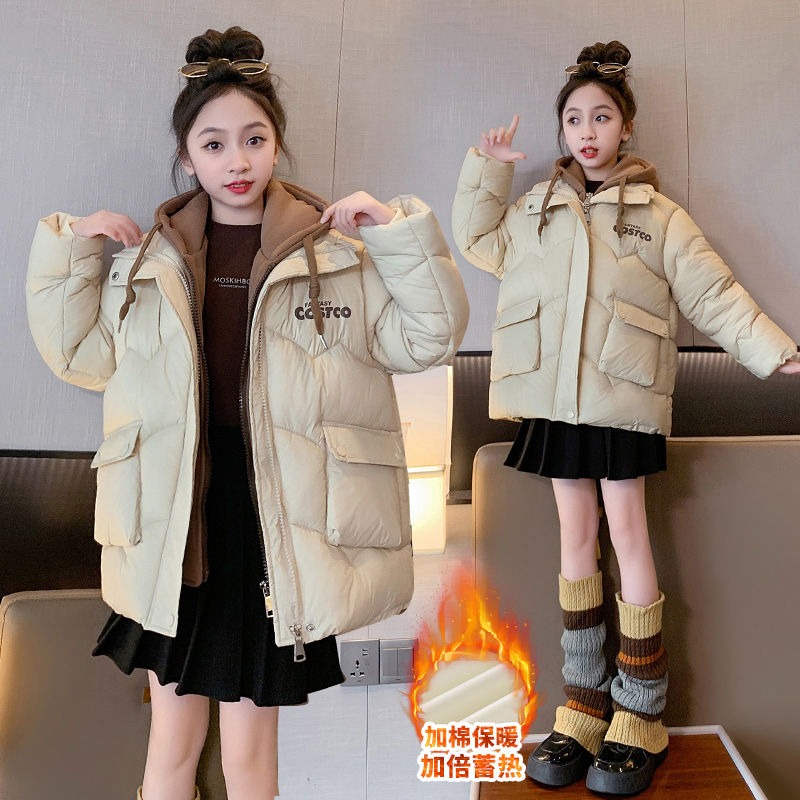 新款假兩件棉衣女童棉服2023洋氣新款兒童中大童冬季冬裝加厚外套