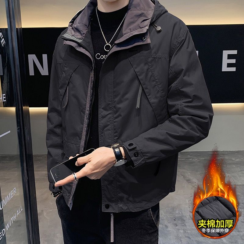 棉服男士連帽外套韓版潮流秋冬季2023新款工裝衝鋒衣男裝二棉夾克
